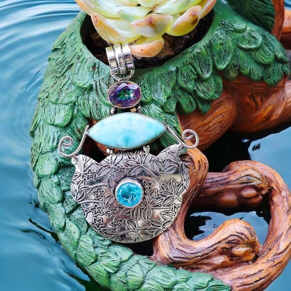 Mystic Fire Topaz, Larimar & Swiss Blue Topaz Forged In Sterling Silver Pendant - Picture 2 of 15
